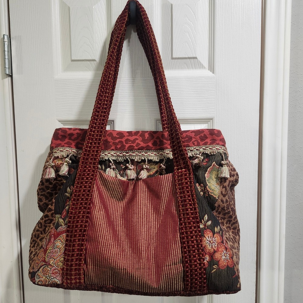 Boho Mixed Media Tapestry Tote Bag Leopard Floral Tassel Fringe Red Brown